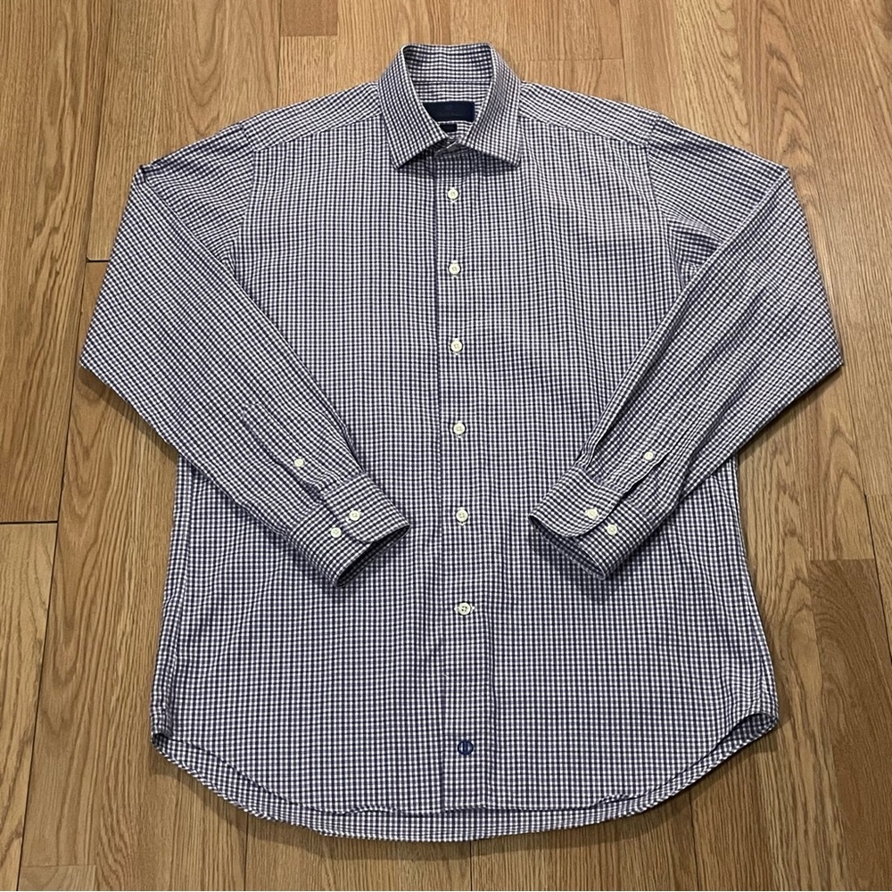 David Donahue Men’s 16.5x34/35 Long Sleeve Button Up Shirt Purple Gingham Trim